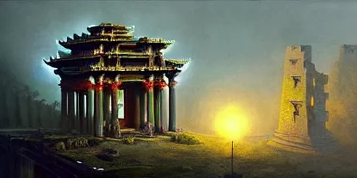 Prompt: beautiful hyperrealistic spectacular painting of intricate ruins of the mysterious futuristic ancient temple, an advanced alien technology clockwork timemachine with a green glowing crystal from the future is inside the temple, by hubert robert and lee madwick and bastien lecouffe deharme, dramatic moonlight lighting