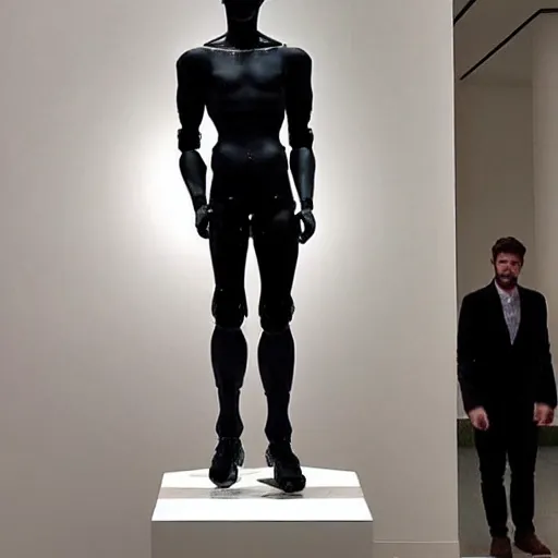 Image similar to “ a realistic detailed photo of a guy who is an attractive humanoid who is half robot and half humanoid, who is a male android, actor liam hemsworth, shiny skin, posing like a statue, blank stare, at the museum, on display ”