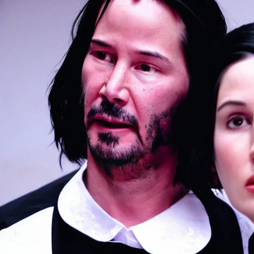 Prompt: Keanu reeves in a maid outfit, depressed