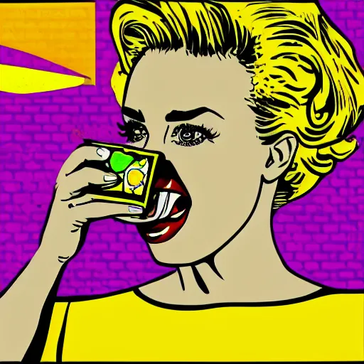 Prompt: pop art picture of fallon sherrock eating a bag of quavers