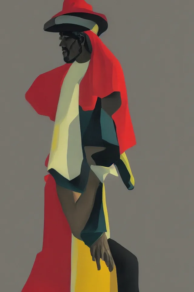 Image similar to chiaroscuro oil painting of a modern shaman, modern minimal isei miyake outfit, in the style of syd mead, jeremy cowart, concept art
