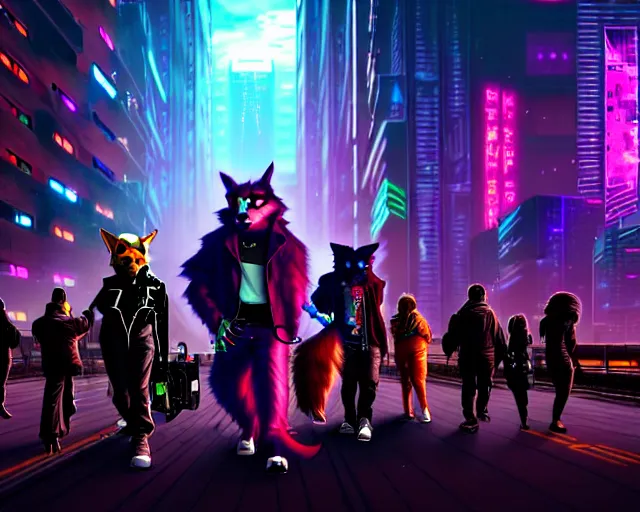 Image similar to high - resolution photograph from a cyberpunk era furry fandom convention ( midwest furfest 2 0 4 7 ), taking place after the genetic revolution and quantum singularity. photorealistic.