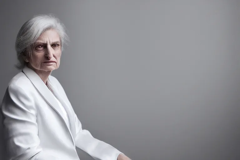 Prompt: a realistic studio cinematic headshot portrait of a beautiful old woman, wearing futuristic white suit, ceo, 4 k, ultra realistic, dramatic lighting, vogue, fashion, by annie leibovitz