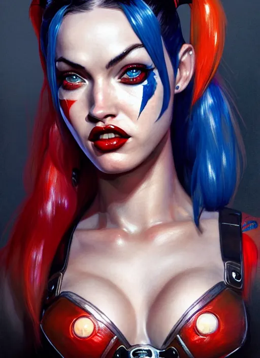 Prompt: portrait of apex legends megan fox as harley quinn, intricate, elegant, glowing lights, highly detailed, digital painting, artstation, glamor pose, concept art, smooth, sharp focus, illustration, art by artgerm and greg rutkowski, artey freytag