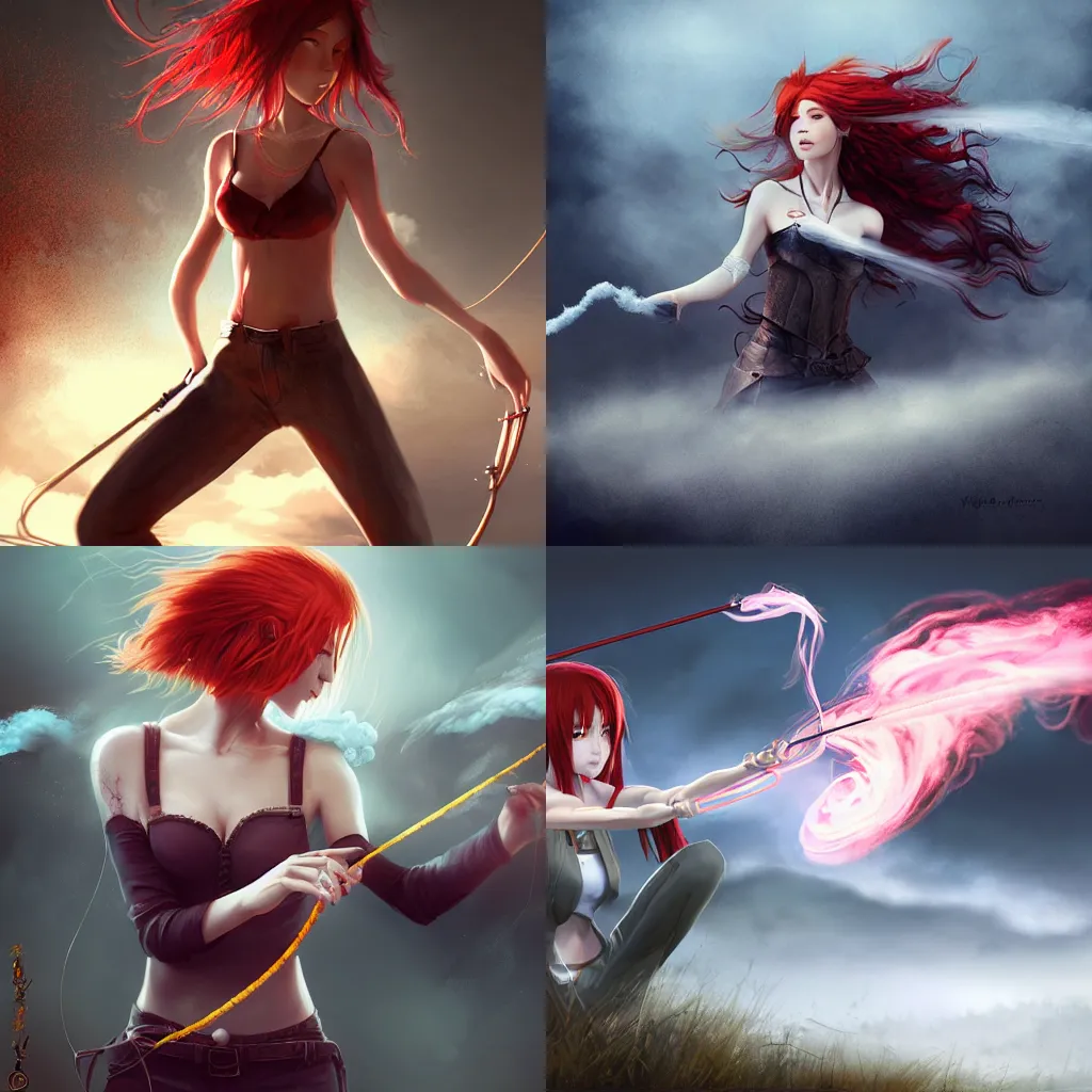 Prompt: A redheaded female dancer veiled by rolling smoke, pulling her slingshot and aiming at her target, standing at the top of a hill. Dark fantasy anime, digital painting by WLOP.