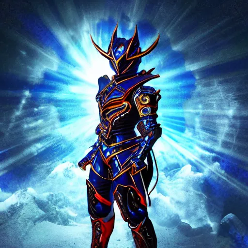 Image similar to High Fantasy Kamen Rider, 4k, glowing eyes, rock quarry location, daytime, rubber suit, dark blue segmented armor, dragon inspired armor