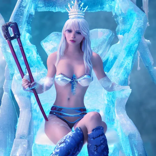 Prompt: an ice cyborg princess sitting on her ice throne in her ice castle wearing a bikini, holding an ice staff, highly detailed, unreal engine 5 render, ice, frost, white beautiful hair, cold colours, digital art, sci fi, illustration, concept art by jason chan and johannes helgeson