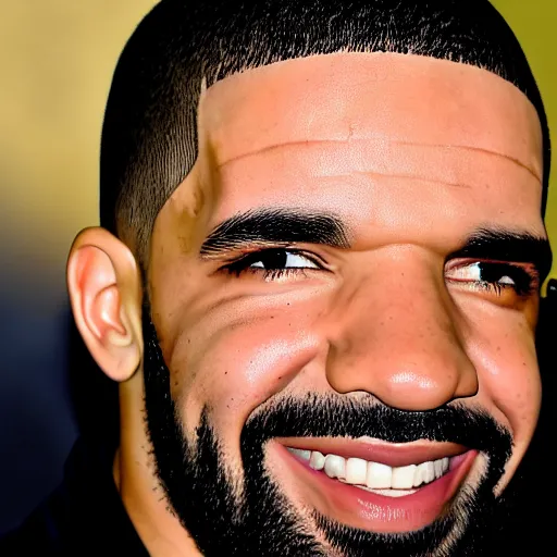 Image similar to drake with a big smile and bloody wide open eyes, detailed face, sharp focus