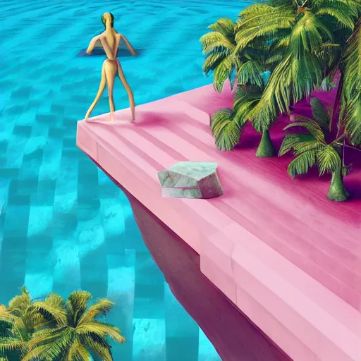 Prompt: geometric 3d masterpiece, hyperrealistic surrealism, award winning masterpiece with incredible details, epic stunning, infinity pool, a surreal vaporwave liminal space, highly detailed, trending on ArtStation, broken giant marble head statue ruins, calming, meditative, pink arches, flowing silk sheets, palm trees, very vaporwave, very very surreal, sharp details, artgerm and greg rutkowski and alphonse mucha, daily deviation, IAMAG