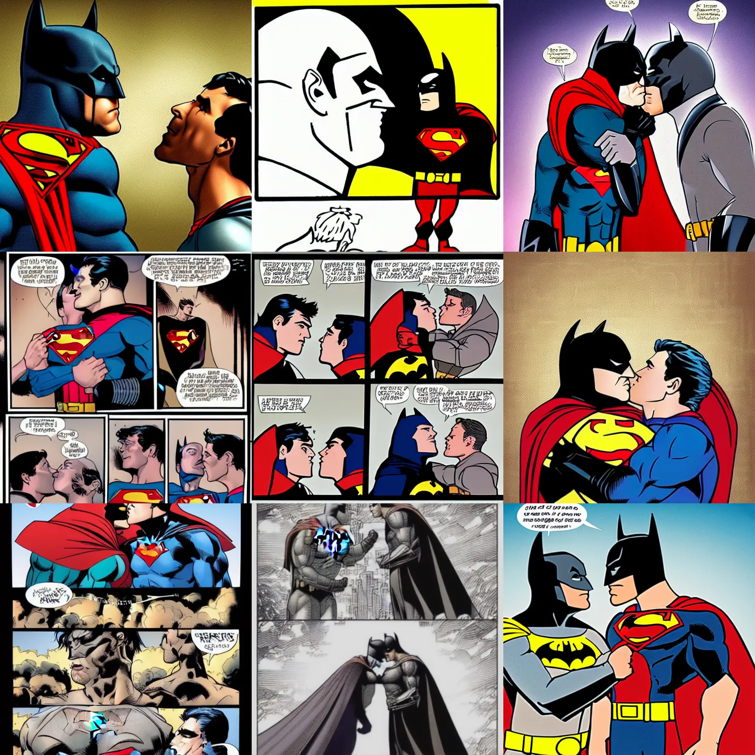 Prompt: batman kissing superman