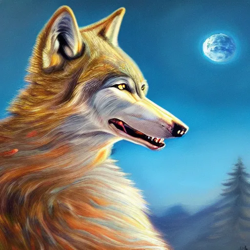 Prompt: A Hyperdetailed Award Winning Masterpiece trending on artstation of a wolf howling at the moon, oil painting