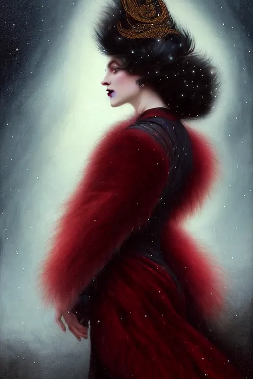 Image similar to Nocturne, glowing, stars, a portrait of a shadow monster hybrid woman with long fur and a feathered collar, highly detailed, mysterious, ethereal, dressed in red velvet, haute couture, illustration, dramatic lighting, soft details, painting, by Edmund Blair Leighton, Brom, Charlie Bowater, trending on artstation, faces by Tom Bagshaw, otto schmidt