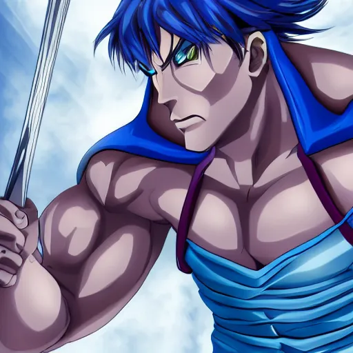 Prompt: four handed muscular man, blue skin, swords in hands, anime HD, anime,