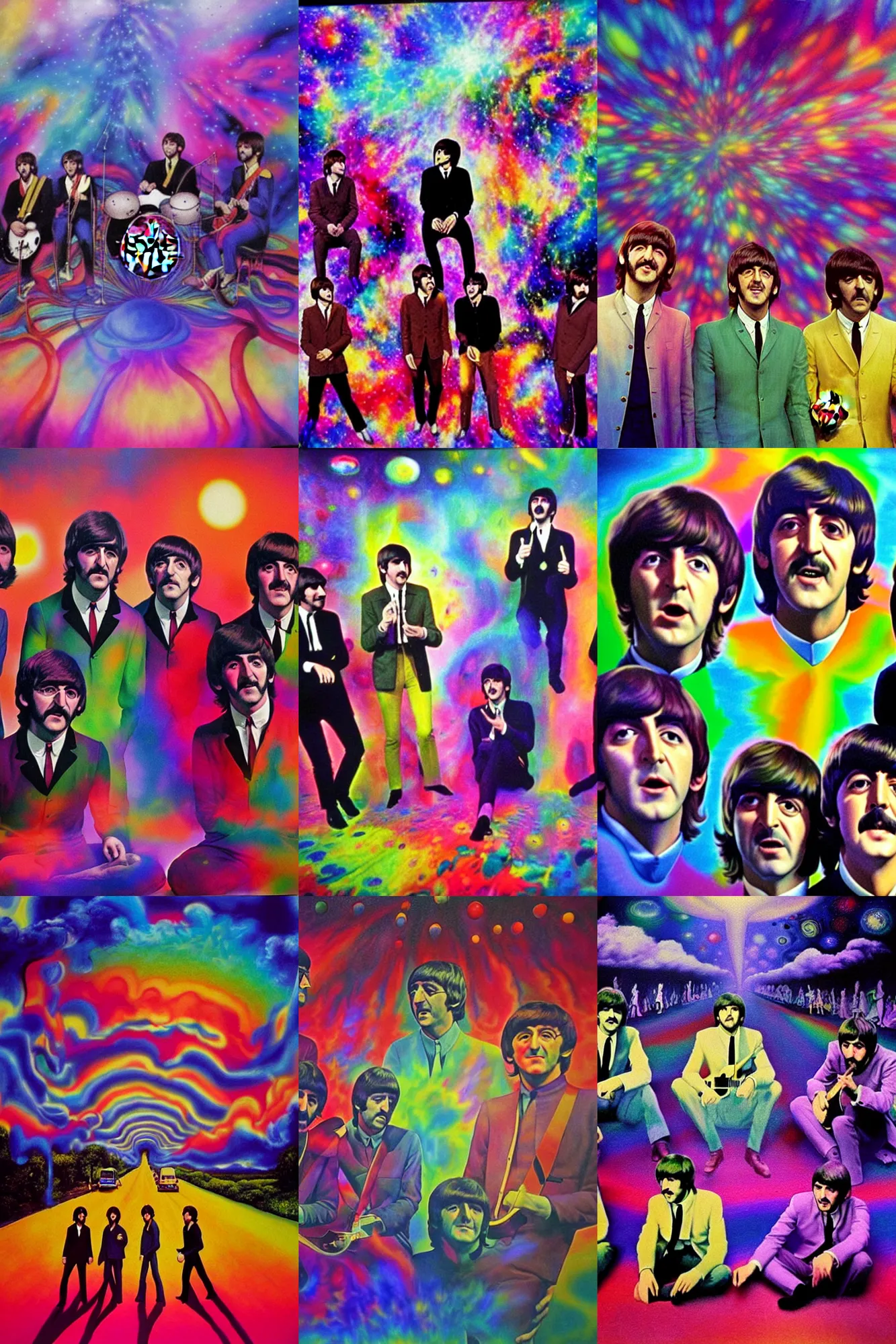Prompt: the beatles on magic mushrooms looking at hallucinations in the sky at the apple studios, photorealistic painting, volumetric light, very dizzy and colorful and psychedelic