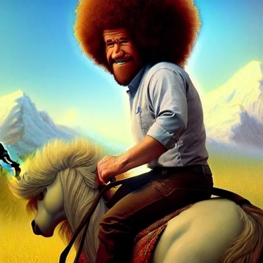 Image similar to bob ross!!! riding!!! a unicorn!!, giant afro!, model pose, ultra realistic, concept art, intricate details, highly detailed, photorealistic, octane render, 8 k, unreal engine. art by artgerm and greg rutkowski and alphonse mucha