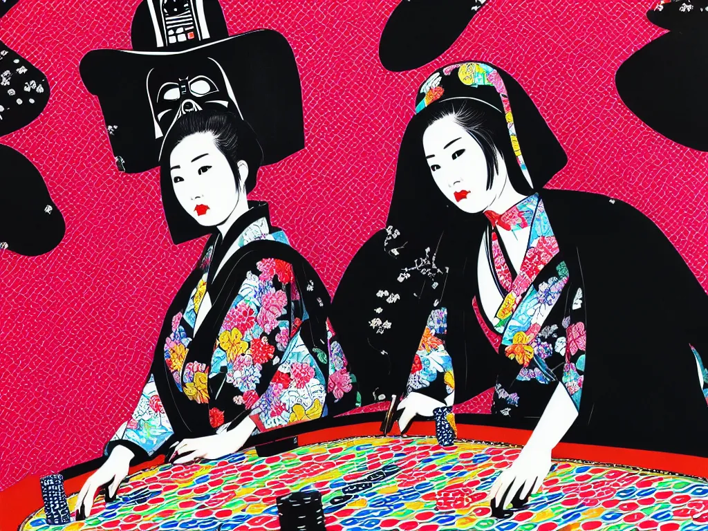 Image similar to hyperrealism composition of the detailed woman in a japanese kimono sitting at an extremely detailed poker table with darth vader, fireworks on the background, pop - art style, jacky tsai style, andy warhol style, acrylic on canvas