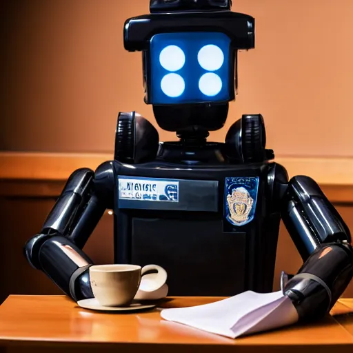 Image similar to a robot police officer drinking tea in a coffee shop sitting down relaxed, professional photography