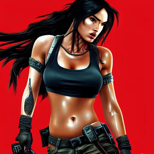 Prompt: megan fox as lara croft, hyper detailed masterpiece, digital art painting, hyper realism aesthetic