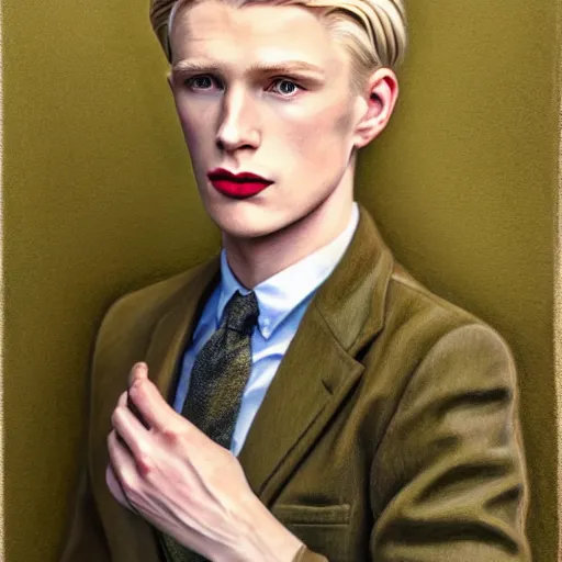 Prompt: A color pencil drawing portrait of a blond young Irish man with high cheekbones. Good bone structure. Dressed in 1940s style. Highly detailed, fine Art, high detail, great lighting, 8k resolution, masterpiece, concept art, illustration, clear eyes, painting oil on canvas, octane render, HDR, trending on artstation, 4k, 8k, HD