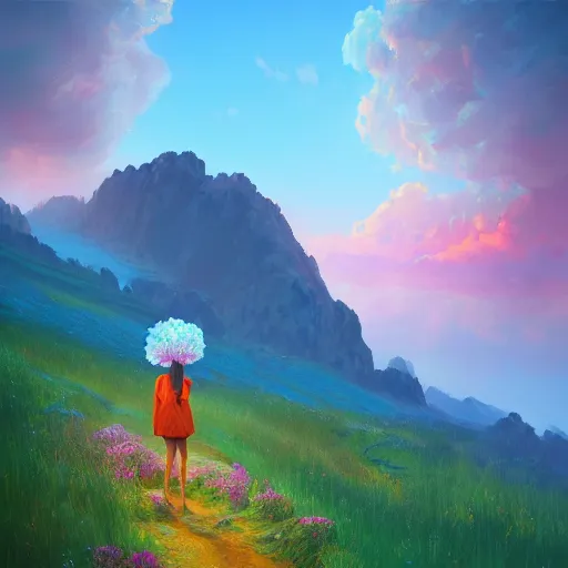 Image similar to giant carnation flower as a head, girl hiking in the mountains, surreal photography, sunrise, dramatic light, impressionist painting, colorful clouds, digital painting, artstation, simon stalenhag