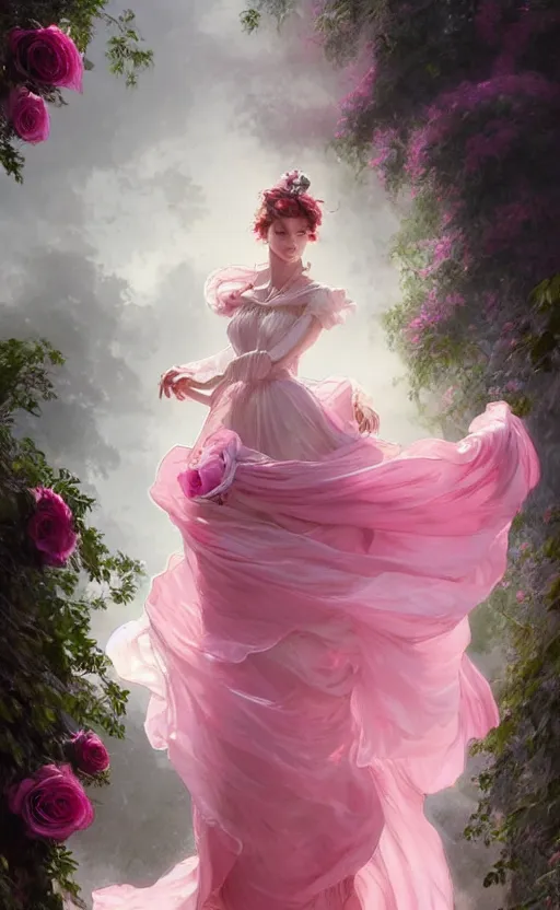 Image similar to !!beautiful!! woman dressed in a vaporous wrapped large victorian pink roses silk semi-transparent dress fashion is running, fantasy, intricate, elegant, highly detailed, digital painting, trending on artstation, concept art, matte, sharp focus, illustration, art by Artgerm and Greg Rutkowski and Alphonse Mucha