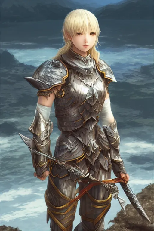 Image similar to A full body portrait of a female paladin beside a lake, blonde hair, Akihiko Yoshida, concept art, very detailed, tone mapping, matte