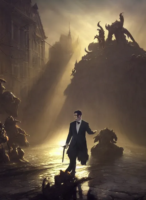 Image similar to Demons in suits, at hell offices, sunrays, dust in the air, DnD character, unreal engine, octane render, dramatic lighting, pond, digital art, by Stanley Artgerm Lau, greg rutkowski, thomas kindkade, alphonse mucha, loish, norman Rockwell,