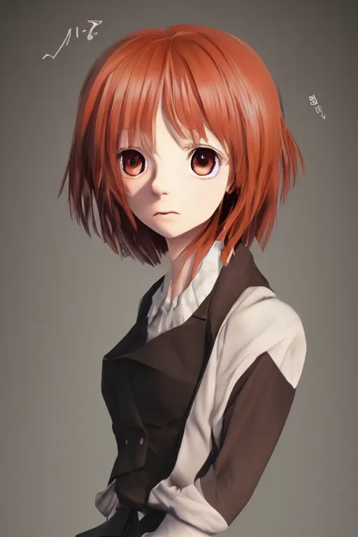 Image similar to Very complcated dynamic composition, realistic anime style at Pixiv, Zbrush sculpt colored, Octane render in Maya and Houdini VFX, young redhead girl in motion, wearing jacket and skirt, silky hair, black stunning deep eyes. By ilya kuvshinov, krenz cushart, Greg Rutkowski, trending on artstation. Amazing textured brush strokes. Cinematic dramatic soft volumetric studio lighting