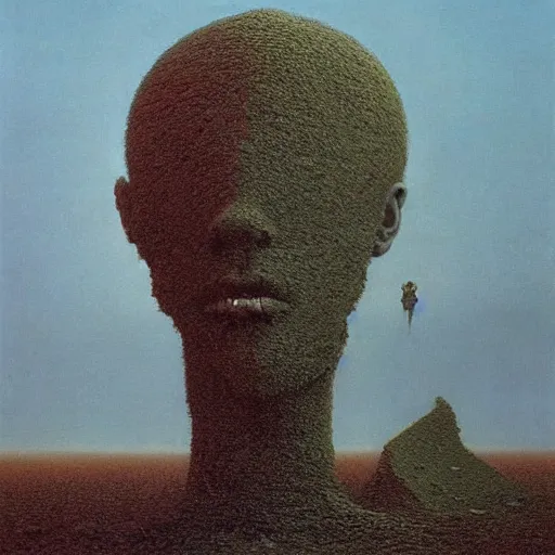 Image similar to the ego separates by zdzisław beksinski, oil on canvas, giant head statue ruins