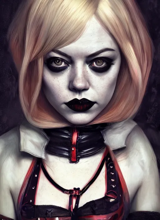 Prompt: dark goth gothic autumn portrait of emma stone as harley quinn, pretty face, hyper detailed, digital art, cinematic lighting, studio quality, smooth render, unreal engine 5, octane rendered, art style by klimt and nixeu and ian sprigger and krenz cushart.