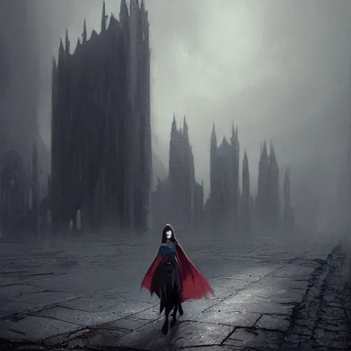 Image similar to gothic concept art by greg rutkowski, supergirl walking down a barren street towards a monolithic and menacing looking structure in the distance, enigmatic atmosphere, beautiful and cinematic lighting, artstation hq.