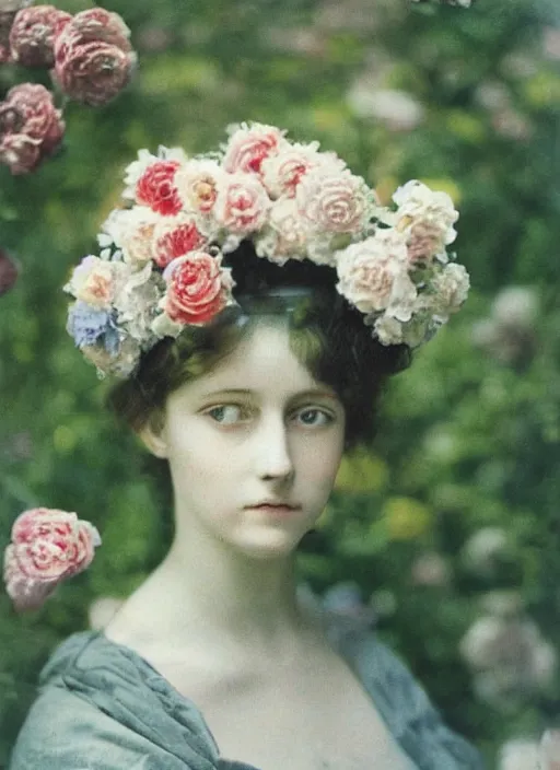 Prompt: portrait photograph of a very beautiful!!! modern female model. symetric face. in a garden. flowers. autochrome Louis Lumières. round detailed eyes!!!!. bokeh