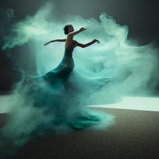 Prompt: manshaped swirling smoke beside woman dancing underwater wearing a flowing dress made of seaweed, octane render, caustics lighting from sunlight above, cinematic