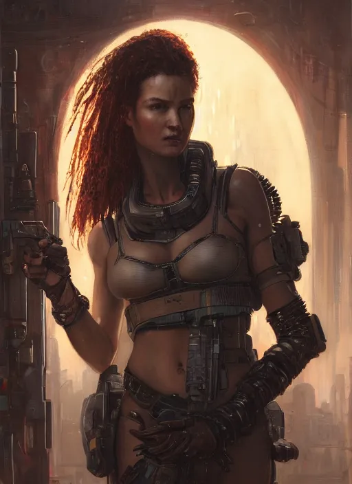 Prompt: sarah kerrigan. cyberpunk mercenary in a military vest ( blade runner 2 0 4 9, cyberpunk 2 0 7 7 ). orientalist portrait by john william waterhouse and james gurney and theodore ralli and nasreddine dinet, oil on canvas. cinematic, hyper realism, realistic proportions, dramatic lighting, high detail 4 k