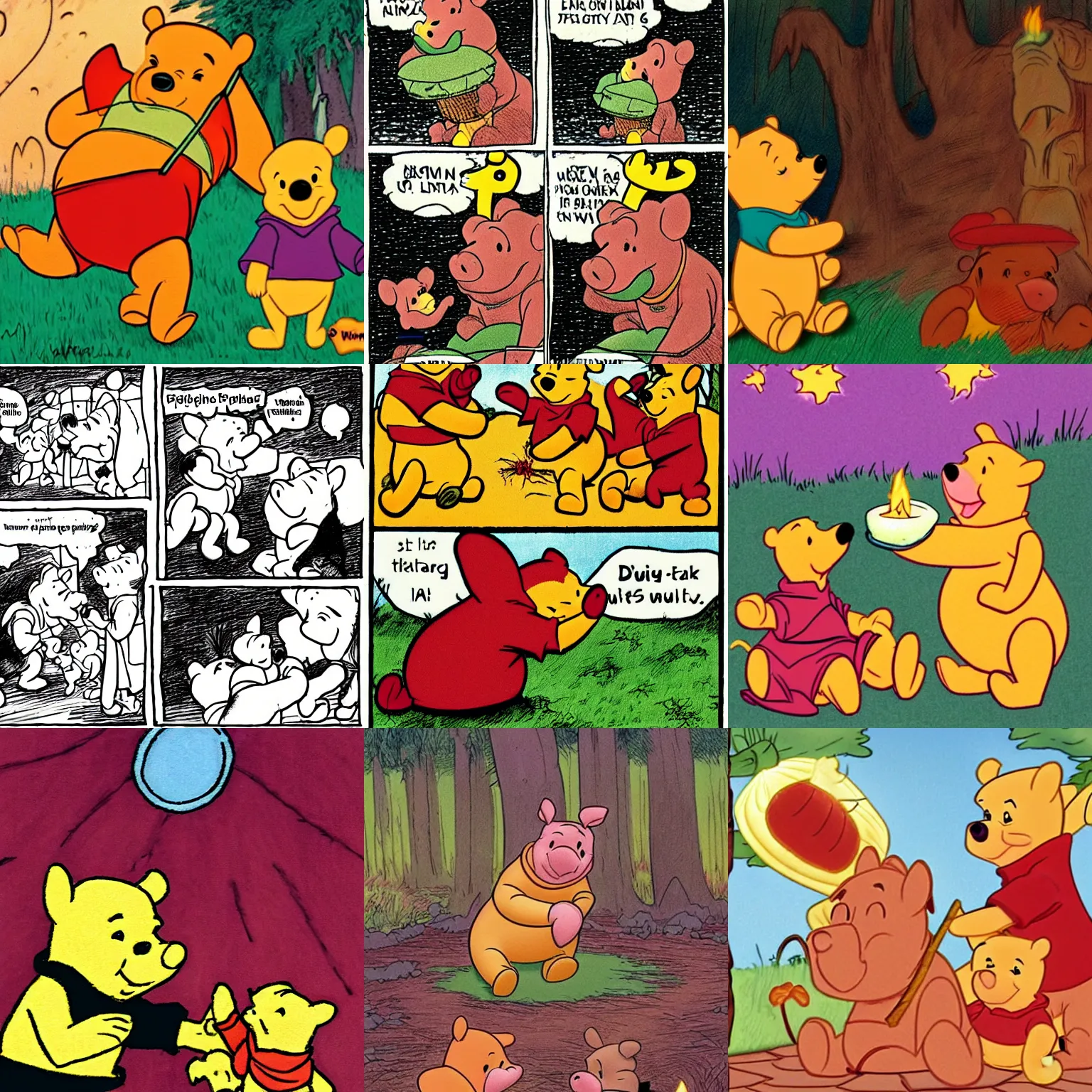 Prompt: winnie the pooh sacrificing piglet to satan