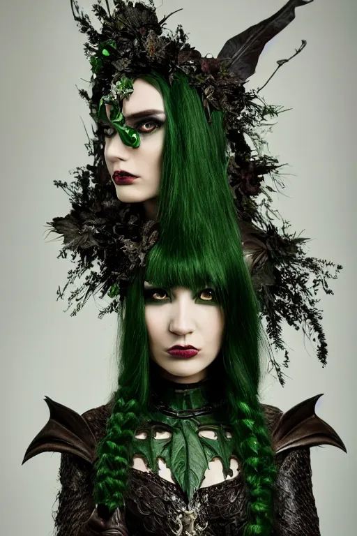 Image similar to very beautiful orcish top model, dark green hair, wearing valentin yudashkin gothic victorian armor with leaves and flowers, luxury materials, symmetrical, cinematic, elegant, professional studio light, real dlsr photography, sharp focus, 4 k, ultra hd, sense of awe, high fashion