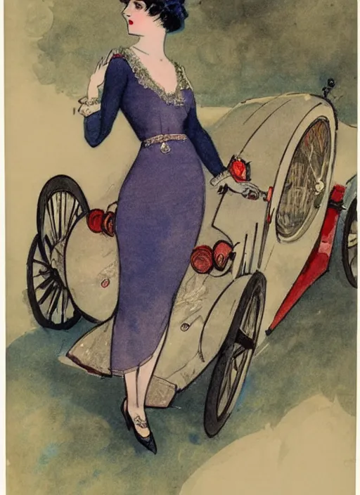 Image similar to Louis Icart, an old elaborate colored drawing of a woman posing eloquently in front of a 1920's car, wearing flowing dress, by Louis Icart, highly detailed, masterpiece