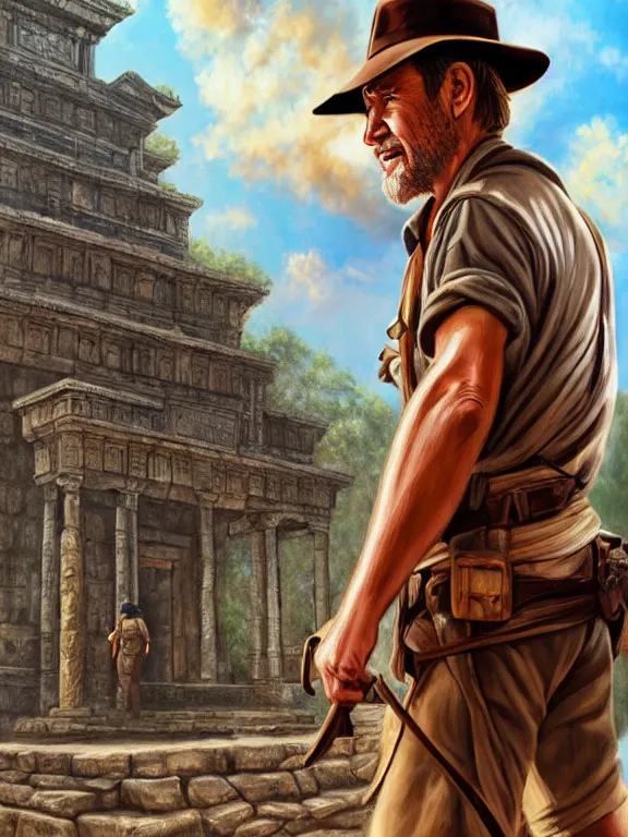 Prompt: indiana jones standing in front of an ancient temple, digital painting, extremely detailed, 4 k, intricate, artgerm, by stanley lau