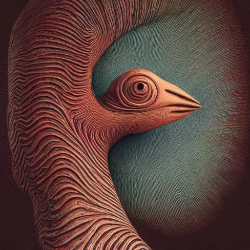 Prompt: bird beak creature, freak show, surrealism, fractalism, strange, hyperdetailed, photorealistic, interesting, benoit b. mandelbrot, m. c. escher, patrick woodroffe, ernst fuchs, zdzisław beksinski, id magazine, octane, cinematic, hyperrealism, 8 k, depth of field, bokeh