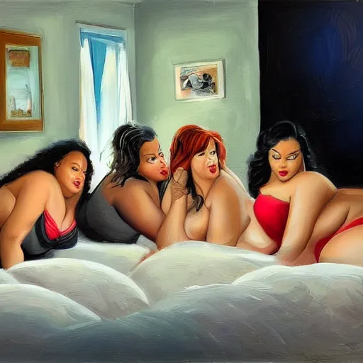 Prompt: stunning, coherent, beautiful painting, still of a group of bbw models taking a picture of each other posing in the same bed , they are all laying down , 3d, in the style of pixar, smooth, 3d, highly detailed, highly detailed, sharp focus, bokeh, depth of field, 16k resolution, Unreal Engine 5, coherent, cinematic lighting, photorealistic