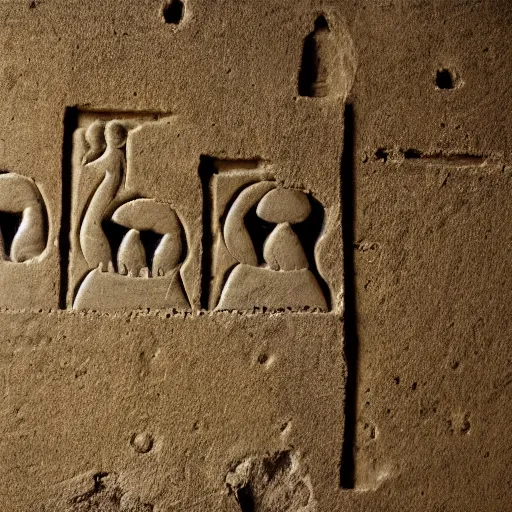 Image similar to ancient hieroglyphic relief of a group of frogs, 40mm lens, shallow depth of field, split lighting