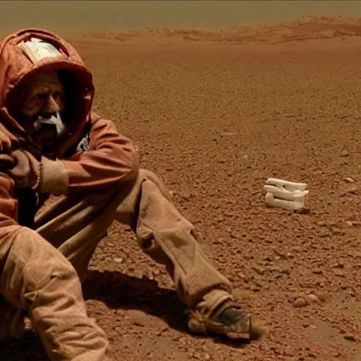 Prompt: a film still of 'Interplanetary Homeless Bum on Planet Mars' (2012)