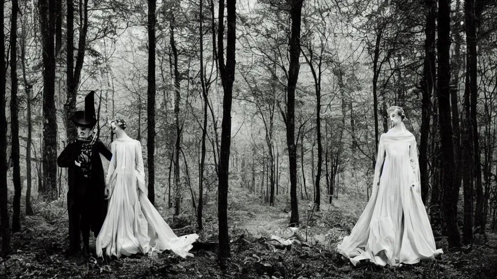 Prompt: eerie atmospheric symmetrical vogue wedding photography in a forest by paolo roversi