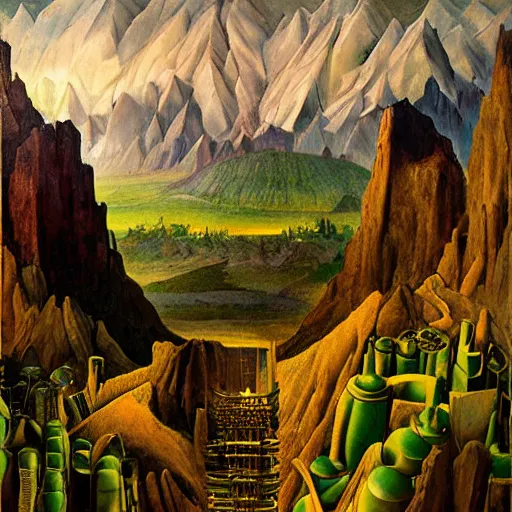 Image similar to beautiful filmed in IMAX dieselpunk painting of a beatiful scenic mountain range surrounded by grainy Zucchini hexagons, by Leonardo da Vinci and Peter Gric and Mark Rothko and Hans Andersen Brendekilde