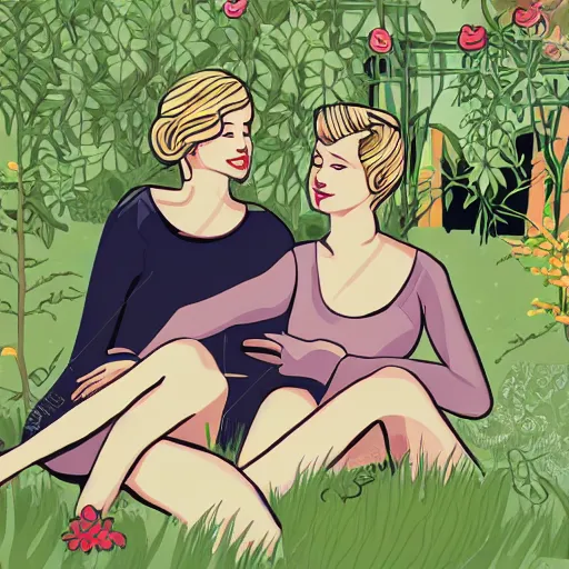 Image similar to couple cuddling, two women, one short - haired blonde, one goth brunette, in garden, romantic, highly detailed illustration