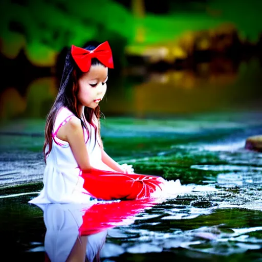 Prompt: vector digital art, 7 years old rina playing with the water, wearing white cloths, and a red bow in her hair, sitting by the side of a creek, 8 k, detailed, tele photo lens, rule of thirds