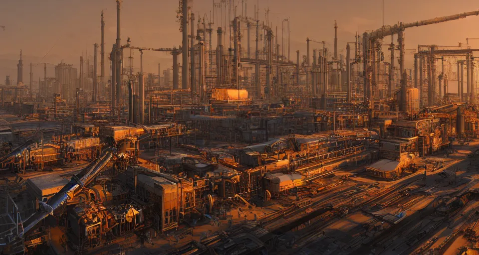 Image similar to Industrial complex , hyperdetailed, artstation, cgsociety, golden hour 8k