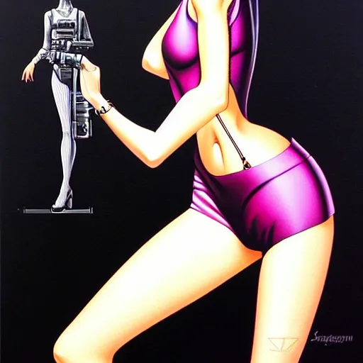 Prompt: mal watson chic lady holding a gun, 1 9 8 0's art, airbrush style, art by hajime sorayama,, intricate, elegant, sharp focus, illustration, highly detailed, h 6 4 0