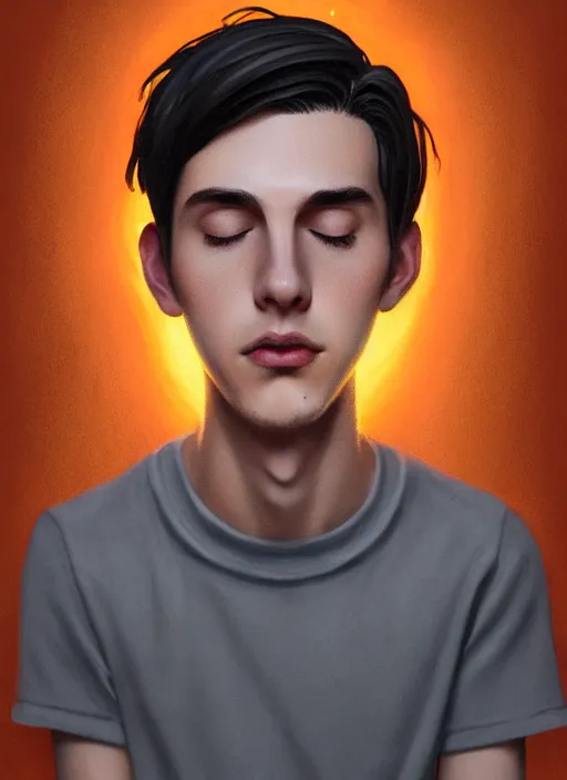 Image similar to portrait of teenage jughead jones wearing a light grey crown, crown, hamburger background, eyes closed, crown, black hair, orange, intricate, elegant, glowing lights, warm lighting, highly detailed, digital painting, artstation, concept art, smooth, sharp focus, illustration, art by wlop, mars ravelo and greg rutkowski