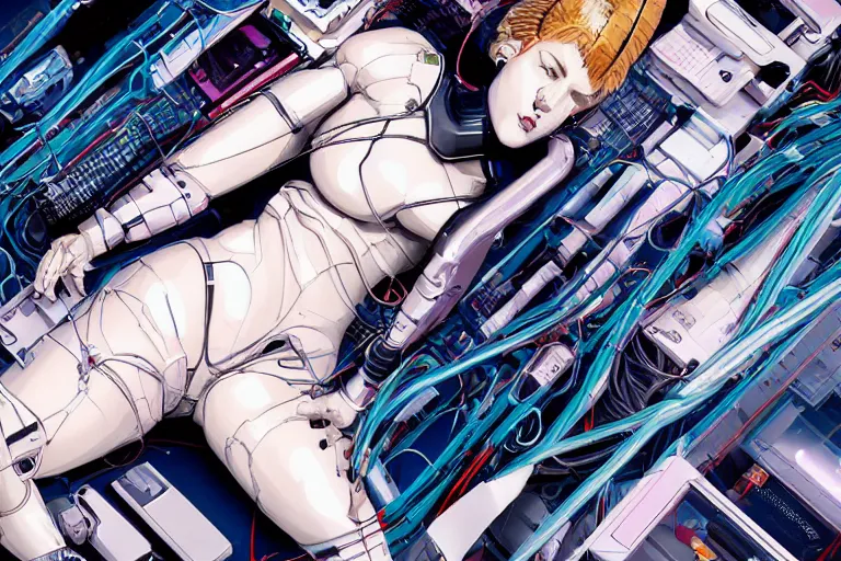 Image similar to a finely composed cyberpunk illustration of a group of white female androids' in style of hajime sorayama, lying on an abstract, empty, white floor with their body parts scattered around and cables and wires coming out, by katsuhiro otomo and masamune shirow, hyper-detailed, colorful, view from above